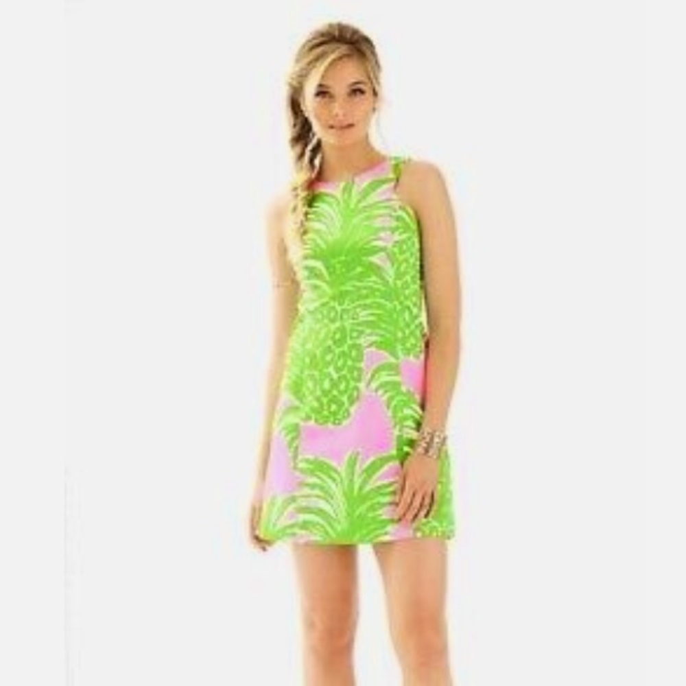 Lilly Pulitzer 00 Pink and Green Cotton Pineapple Sleeveless Mini Dress